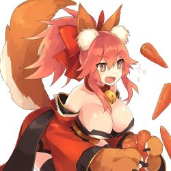 Rule 34 | 1girl, animal ears, bad id, bad pixiv id, bell, blush, bow, breasts, brown eyes, carrot, chorefuji, cleavage, collar, collarbone, fate/grand order, fate (series), food, fox ears, fox tail, hair bow, large breasts, looking away, neck bell, open mouth, pink hair, red bow, short hair, short ponytail, smile, solo, sparkle, tail, tamamo (fate), tamamo cat (fate), tamamo cat (first ascension) (fate), tamamo no mae (fate/extra)