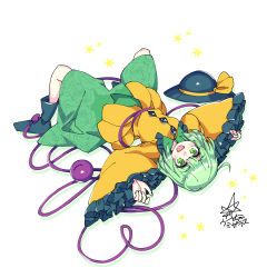 Rule 34 | 1girl, :d, black footwear, boots, commentary request, floral print, frilled sleeves, frills, full body, green eyes, green hair, green skirt, hat, unworn hat, hat ribbon, unworn headwear, heart, heart of string, highres, knees up, komeiji koishi, long sleeves, looking at viewer, lying, on back, open mouth, partial commentary, ribbon, rose print, shirt, short hair, signature, simple background, skirt, smile, solo, star (symbol), third eye, touhou, umigarasu (kitsune1963), white background, wide sleeves, yellow ribbon, yellow shirt