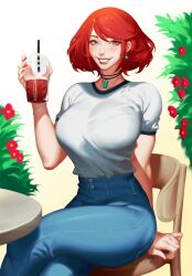 Rule 34 | 1girl, absurdres, breasts, crossed legs, cup, denim, flower, highres, holding, holding cup, jeans, large breasts, looking at viewer, on chair, pants, pyra (xenoblade), red eyes, red hair, red nails, shirt, short hair, sitting, smile, solo, table, white shirt, xenoblade chronicles (series), xenoblade chronicles 2, zelus