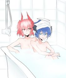 Rule 34 | 2girls, :d, arknights, bathtub, blue eyes, blue hair, breasts, collarbone, commentary, fiammetta (arknights), hair between eyes, halo, horns, large breasts, mostima (arknights), multiple girls, nude, open mouth, partially submerged, pink hair, pointy hair, red eyes, same-sex bathing, shared bathing, short hair, smile, symbol-only commentary, towel, towel on head, umiakira0606, water