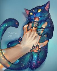 Rule 34 | 1boy, animalization, artist name, artist request, blue background, cat, claws, colored sclera, commentary, disembodied limb, english commentary, fangs, finger in another&#039;s mouth, galaxy, highres, lying, nebula, on back, original, petting, star (sky), sun, yellow eyes, yellow sclera, yuumei