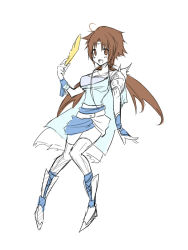 Rule 34 | 1990s (style), 1girl, bad id, bad pixiv id, boots, brown eyes, brown hair, bartz klauser, cape, chocobo feather, feathers, female focus, final fantasy, final fantasy v, flat color, gender request, genderswap, leotard, long hair, miniskirt, oshiruko (tsume), ponytail, shoulder pads, skirt, solo, thighhighs, tiara