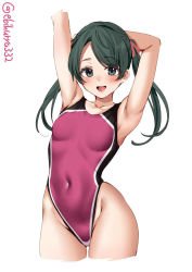 Rule 34 | 1girl, arm behind head, armpits, arms up, blush, breasts, collarbone, competition swimsuit, covered navel, cowboy shot, cropped legs, ebifurya, green eyes, green hair, highleg, highleg swimsuit, highres, kantai collection, long hair, looking at viewer, mikuma (kancolle), one-piece swimsuit, open mouth, parted bangs, ribbon, simple background, small breasts, solo, sweat, swimsuit, thighs, twintails, twitter username, white background