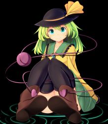 Rule 34 | 1girl, aqua eyes, black thighhighs, convenient censoring, darkness, green hair, hat, hat ribbon, highres, knees together feet apart, komeiji koishi, long hair, long sleeves, looking at viewer, oimo (imoyoukan), ribbon, shirt, simple background, skirt, smile, solo, thighhighs, thighs, third eye, touhou