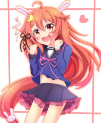 Rule 34 | 1girl, :d, ahoge, animal ears, black ribbon, black sailor collar, black skirt, blue shirt, blush, commentary request, crescent, crescent hair ornament, hair between eyes, hair ornament, hair ribbon, hands up, heart, kantai collection, kemonomimi mode, long hair, long sleeves, looking at viewer, low-tied long hair, neck ribbon, open mouth, pink ribbon, pleated skirt, rabbit ears, rabbit hair ornament, red eyes, red hair, ribbon, sailor collar, shirt, sills, skirt, smile, solo, translation request, uzuki (kancolle), very long hair, white background