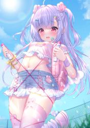 Rule 34 | 1girl, absurdres, bound, fang, highres, jump rope, long image, midriff, navel, original, solo, striped legwear, tall image, tied up, yuyuko (yuyucocco)