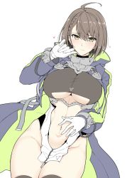 Rule 34 | 1girl, ahoge, azur lane, baltimore (azur lane), black coat, blush, braid, breasts, brown hair, center opening, cleavage, closed mouth, clothing cutout, coat, commentary request, cowboy shot, embarrassed, flat color, french braid, gloves, gorget, hair between eyes, halcon, hand on own stomach, hand up, heart, highres, large breasts, legs together, leotard, long sleeves, looking at viewer, multicolored coat, navel, open clothes, open coat, pelvic curtain, revealing clothes, short hair, simple background, smile, solo, spoken heart, standing, stomach, thighs, underboob, underboob cutout, unfinished, white background, white gloves, yellow eyes