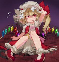 Rule 34 | 1girl, adapted costume, blonde hair, crossed bandaids, crystal, flandre scarlet, flying sweatdrops, full body, hat, highres, injury, laevatein (touhou), mob cap, one side up, red eyes, see-through, sitting, solo, touhou, wet, wet clothes, white hat, wings, zakozako y