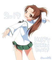Rule 34 | 10s, 1girl, 2019, brown eyes, brown hair, from behind, girls und panzer, green skirt, happy birthday, highres, kadotani anzu, long hair, looking back, miniskirt, open mouth, outstretched arms, panties, school uniform, shirt, side-tie panties, side-tie peek, simple background, skirt, smile, solo, twintails, umekichi, underwear, white background, white panties, white shirt, wind, wind lift