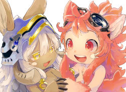 Rule 34 | 1girl, 1other, :3, akamtvahosi, animal ears, animal hands, blue headwear, brown fur, commentary request, goggles, goggles on head, grey hair, hands up, helmet, highres, holding hands, interlocked fingers, long hair, made in abyss, mitty (made in abyss) (furry), nanachi (made in abyss), nude, open mouth, pink fur, pink hair, red eyes, short hair with long locks, simple background, sparkling eyes, symmetrical hand pose, tareme, upper body, whiskers, white background, yellow eyes