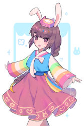 Rule 34 | 1girl, alternate hairstyle, animal ears, bad id, bad pixiv id, blush, braid, brown eyes, brown hair, cowboy shot, d.va (overwatch), ennn, facial mark, hair ornament, hanbok, hat, highres, korean clothes, long hair, long sleeves, looking at viewer, official alternate costume, open mouth, outstretched arms, overwatch, overwatch 1, palanquin d.va, pink skirt, rabbit ears, skirt, small hands, smile, solo, sparkle, striped sleeves, tassel, whisker markings, white background