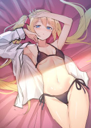 Rule 34 | 1girl, alexmaster, armpits, arms up, bare arms, bare shoulders, bed sheet, bikini, black bikini, blonde hair, blue eyes, bow, breasts, groin, hair bow, halterneck, halterneck, highres, long hair, long sleeves, looking at viewer, lying, navel, on back, open clothes, open shirt, original, parted lips, shirt, side-tie bikini bottom, sketch, small breasts, solo, stomach, string bikini, swimsuit, thighs, twintails, very long hair, white shirt, unfinished