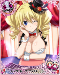 Rule 34 | 10s, 1girl, bishop (chess), blonde hair, blue eyes, blush, bow, bowtie, breasts, card (medium), character name, chess piece, cleavage, drill hair, hair between eyes, hat, high school dxd, high school dxd infinity, large breasts, long hair, mini hat, mini top hat, official art, one eye closed, ravel phenex, sitting, smile, solo, top hat, torn clothes, trading card, twin drills, twintails, wrist cuffs