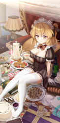 Rule 34 | 1girl, 727470991, absurdres, alternate costume, blonde hair, bottle, bread, breasts, cake, candy, cleavage, cookie, corset, cosmetics, cup, dated, dress, enmaided, food, fruit, highres, holding, holding cup, indoors, knees together feet apart, lipstick tube, maid, maid headdress, medium breasts, mousse (food), nightstand, plate, puffy short sleeves, puffy sleeves, short dress, short sleeves, short twintails, sitting, solo, strawberry, striped clothes, striped dress, thighhighs, tiered tray, twintails, underbust, vertical-striped clothes, vertical-striped dress, warship girls r, white thighhighs, wrapped candy, yellow eyes, z31 (warship girls r)
