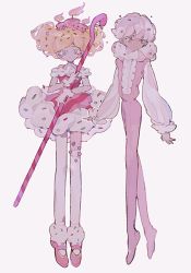 Rule 34 | 1boy, 1girl, bare shoulders, birthday cake cookie, blonde hair, blue eyes, candle, cookie run, dress, heart, holding, pink footwear, purple eyes, ronoh (jill), simple background, whipped cream cookie, white background, white legwear