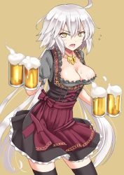 Rule 34 | 1girl, ahoge, alcohol, alternate costume, angry, apron, beer, beer mug, blush, breasts, cleavage, commentary request, corset, cup, dirndl, fate/grand order, fate (series), german clothes, holding, holding cup, jeanne d&#039;arc (fate), jeanne d&#039;arc alter (avenger) (fate), jeanne d&#039;arc alter (fate), long hair, looking at viewer, medium breasts, mug, oktoberfest, open mouth, puffy short sleeves, puffy sleeves, shimouki izui, short sleeves, silver hair, solo, standing, underbust, waist apron, waitress, yellow eyes