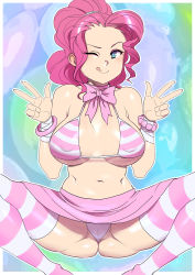 Rule 34 | 1girl, :p, bikini, bikini top only, bow, bowtie, bracelet, double v, highres, jewelry, looking at viewer, maniacpaint, my little pony, my little pony: friendship is magic, navel, oddmachine, one eye closed, panties, pantyshot, personification, pink hair, pinkie pie, skirt, smile, solo, spread legs, squatting, stomach, striped clothes, striped thighhighs, swimsuit, thighhighs, tongue, tongue out, underwear, v, wink