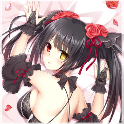 Rule 34 | 1girl, backless outfit, bed sheet, black bow, black hair, black sleeves, bow, breasts, bridal gauntlets, clock eyes, dakimakura (medium), date a live, detached sleeves, flower, from above, hair flower, hair ornament, hair ribbon, heterochromia, long hair, looking at viewer, looking back, lying, medium breasts, on stomach, open mouth, petals, red eyes, red flower, red ribbon, red rose, ribbon, rose, short sleeves, shoulder blades, sideboob, solo, summer-d (dodojune), symbol-shaped pupils, tokisaki kurumi, twintails, upper body, yellow eyes