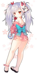 Rule 34 | 1girl, anklet, ao jun, ass, bag, bagged fish, bare shoulders, black footwear, blue bow, blush, bow, candy apple, closed mouth, closers, fish, floral background, floral print, food, fox mask, from behind, full body, hair ribbon, holding, japanese clothes, jewelry, jitome, kimono, long hair, long sleeves, looking at viewer, looking back, mask, mask on head, obi, off shoulder, orange eyes, pink kimono, print bow, print kimono, red eyes, ribbon, sandals, sash, short kimono, shoulder blades, silver hair, solo, standing, star (symbol), star print, tina (closers), twintails, white background, wide sleeves, zouri