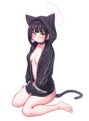 Rule 34 | 1girl, animal ears, animal hood, areola slip, barefoot, black choker, black hair, black hoodie, black tail, blue archive, blush, breasts, cat choker, cat ears, cat hood, cat tail, choker, closed mouth, collarbone, colored inner hair, commentary request, feet, greenteamousou, hair behind ear, halo, hands in pockets, highres, hood, hoodie, kazusa (blue archive), korean commentary, large breasts, legs, long sleeves, looking at viewer, medium hair, multicolored hair, naked hoodie, navel, open clothes, open hoodie, pink eyes, pink hair, pink halo, pink lips, simple background, sitting, solo, stomach, tail, thighs, toenails, toes, two-tone hair, wariza, white background
