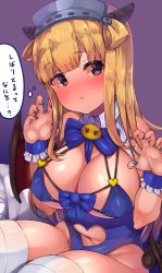 Rule 34 | 1girl, alternate costume, atsutoku, bat wings, blonde hair, blue eyes, blue leotard, blue neckwear, breasts, cleavage, clothing cutout, demon girl, demon wings, detached collar, double bun, fletcher (kancolle), grey background, hair bun, hairband, heart cutout, highres, horns, kantai collection, large breasts, leotard, long hair, looking at viewer, nail polish, navel cutout, revealing clothes, simple background, solo, thighhighs, translation request, white thighhighs, wings, wrist cuffs