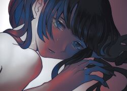 Rule 34 | 1girl, black hair, blue eyes, closed mouth, crying, crying with eyes open, eyelashes, fingernails, gradient background, highres, konnyakutarooou, lips, long hair, lying, on stomach, original, sharp fingernails, solo, tears