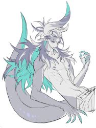Rule 34 | 10den, 1boy, asymmetrical horns, black sclera, blue eyes, blue hair, blue horns, blue skin, colored eyelashes, colored sclera, colored skin, commission, fingernails, grey hair, grey horns, grey skin, hand up, highres, horns, long hair, looking at viewer, male focus, multicolored hair, original, pants, pointy ears, purple hair, purple horns, sharp fingernails, short ponytail, simple background, sitting, skeb commission, solo, streaked hair, tail, topless male, upper body, white background, white pants
