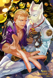 Rule 34 | 2boys, blonde hair, casual, christmas, christmas tree, closed mouth, csc, dated, jojo no kimyou na bouken, killer queen, kira yoshikage, looking at viewer, male focus, multiple boys, outstretched arm, stand (jojo), text focus