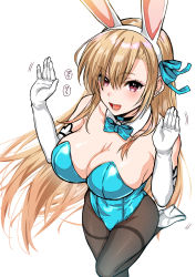 Rule 34 | 1girl, animal ears, asuna (blue archive), asuna (bunny) (blue archive), asuna (bunny) (blue archive) (cosplay), bare shoulders, blonde hair, blue archive, blue leotard, blush, bow, bowtie, breasts, brown pantyhose, cleavage, cosplay, detached collar, elbow gloves, fake animal ears, gloves, highleg, highleg leotard, highres, kitagawa marin, kojima saya, large breasts, leotard, long hair, looking at viewer, open mouth, pantyhose, playboy bunny, rabbit ears, red eyes, smile, solo, sono bisque doll wa koi wo suru, thighs, traditional bowtie, white gloves