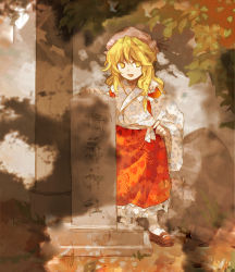 Rule 34 | 1girl, absurdres, blonde hair, detached sleeves, frilled skirt, frills, hakama, hakama skirt, hand on own hip, happy, highres, holding, holding clothes, holding skirt, hourai girl (touhou), japanese clothes, kaigen 1025, kimono, long sleeves, looking at viewer, mary janes, miko, open mouth, portrait of exotic girls, red footwear, red hakama, red skirt, shoes, skirt, standing, tombstone, touhou, white headwear, white kimono, white legwear, white sleeves, wide sleeves, yellow eyes
