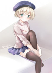 Rule 34 | 10s, 1girl, aqua eyes, black thighhighs, blonde hair, blue skirt, breasts, cleavage, cleavage cutout, clothing cutout, hat, kantai collection, long sleeves, meme attire, nikoo, open-chest sweater, pleated skirt, ribbed sweater, sailor hat, short hair, skirt, solo, sweater, thighhighs, turtleneck, twitter username, z1 leberecht maass (kancolle)