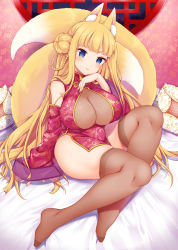 Rule 34 | 1girl, animal ear fluff, animal ears, blonde hair, blue eyes, blunt bangs, braid, breasts, brown thighhighs, china dress, chinese clothes, cleavage, closed mouth, detached sleeves, dress, fox ears, fox tail, full body, hair bun, highres, indoors, large breasts, lips, long hair, long sleeves, looking at viewer, miyano ururu, multiple tails, nail polish, night, night sky, no shoes, on bed, original, pillow, pink nails, red dress, short eyebrows, single braid, single hair bun, sitting, sky, smile, solo, tail, thighhighs, two tails, very long hair, wide sleeves, window