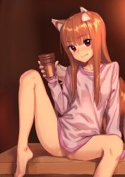 Rule 34 | 1girl, :d, absurdres, animal ears, arm support, barefoot, blush, bottomless, breasts, brown hair, censored, clothes lift, highres, holo, indoors, kawakami rokkaku, long hair, long sleeves, mosaic censoring, naked shirt, no panties, open mouth, purple eyes, shirt, shirt lift, sidelocks, sleeves past wrists, small breasts, smile, solo, spice and wolf, spread legs, tail, wolf ears, wolf girl, wolf tail