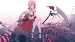 Rule 34 | 1girl, breasts, cleavage, dress, high heels, hololive, hololive english, large breasts, looking at viewer, mori calliope, official alternate costume, pink hair, red dress, red footwear, sae1293, scythe, sitting, skull, solo, strapless, strapless dress, virtual youtuber