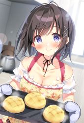 Rule 34 | 1girl, apron, black hair, blurry, blurry background, blush, bread, breasts, cleavage, closed mouth, commentary request, depth of field, floral print, food, hair ornament, indoors, medium breasts, melon bread, original, oven mitts, pan (mimi), print apron, puffy short sleeves, puffy sleeves, purple eyes, short sleeves, smile, solo, standing, white sleeves, x hair ornament, yellow apron