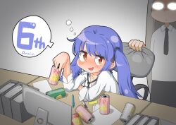 Rule 34 | 2girls, azur lane, beer can, blue hair, blush, can, chair, commentary request, desk, drink can, essex (azur lane), essex (crossbones especial) (azur lane), flustered, glass, holding, holding can, long hair, luna tiha, monitor, multiple girls, necktie, office chair, pen, purple eyes, shangri-la (azur lane), shirt, swivel chair, twintails, white shirt