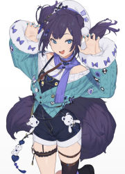 Rule 34 | 1girl, aiba uiha, animal ears, black thighhighs, blue nails, bow, commentary request, dog ears, hat, kaoruko (unkrk55), long sleeves, looking at viewer, mole, mole under eye, nail polish, nijisanji, open mouth, overalls, purple eyes, simple background, single thighhigh, solo, stuffed animal, stuffed toy, tagme, tail, teddy bear, thigh strap, thighhighs, virtual youtuber, white background, white hat, wide sleeves