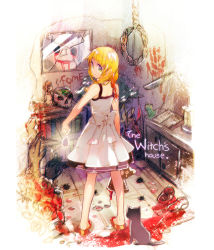 Rule 34 | 1girl, animal, apron, bare shoulders, black cat, blonde hair, blood, book, bookshelf, bow, braid, broken mirror, bug, cat, copyright name, cupboard, dress, english text, flower, frog, glowing, green eyes, knife, long hair, looking at viewer, majo no ie, mirror, namie-kun, noose, red flower, red rose, rope, rose, scissors, shoes, skull, solo, standing, stuffed animal, stuffed toy, teddy bear, text focus, twin braids, viola (majo no ie), white dress