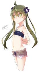 Rule 34 | 1girl, ahoge, arms behind back, bandeau, bare arms, bare shoulders, bikini, bikini under clothes, blue bikini, blush, brown shorts, closed mouth, cropped legs, dated, green eyes, green hair, hair between eyes, hair ornament, halterneck, long hair, looking at viewer, maze (gochama ze gohan), original, short shorts, shorts, signature, simple background, sketch, solo, standing, swimsuit, twintails, very long hair, white background