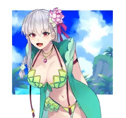 Rule 34 | 1girl, armlet, arms behind back, bikini, blue sky, blush, braid, braided ponytail, breasts, cleavage, cloud, commentary request, day, fate/grand order, fate (series), flower, frills, green bikini, green flower, green vest, grey hair, hair between eyes, hair flower, hair ornament, hair ribbon, highres, jewelry, kama (fate), kama (swimsuit avenger) (fate), kama (swimsuit avenger) (second ascension) (fate), large breasts, long hair, looking at viewer, navel, open mouth, palm tree, pendant, pink flower, pink ribbon, plant, ponytail, red eyes, ribbon, signature, sky, solo, swimsuit, tree, u 5ham0, vest