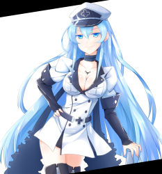Rule 34 | 10s, 1girl, akame ga kill!, blue eyes, blue hair, boots, breasts, choker, cleavage, colored eyelashes, cowboy shot, esdeath, hat, large breasts, long hair, matching hair/eyes, military, military uniform, peaked cap, ripe.c, smile, solo, thigh boots, thighhighs, uniform, very long hair