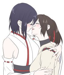 Rule 34 | 10s, 2girls, bad id, bad pixiv id, black hair, blush, breasts, brown hair, detached sleeves, closed eyes, female focus, hug, imminent kiss, ise (kancolle), japanese clothes, kantai collection, long hair, multiple girls, open mouth, ponytail, red eyes, short hair, simple background, smile, udon (shiratama), white background, yamashiro (kancolle), yuri