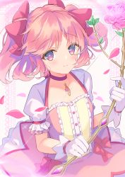 Rule 34 | 1girl, border, bow (weapon), bubble skirt, buttons, center frills, choker, closed mouth, dot nose, eyes visible through hair, flat chest, flower, frilled skirt, frilled sleeves, frills, glint, gloves, hair ribbon, happy, highres, holding, holding bow (weapon), holding weapon, kaname madoka, lace, lace border, light blush, light smile, looking at viewer, mahou shoujo madoka magica, mahou shoujo madoka magica (anime), miyanome, ornate border, outline, petals, pink eyes, pink flower, pink hair, pink ribbon, pink rose, pink theme, puffy short sleeves, puffy sleeves, ribbon, rose, rose petals, short sleeves, short twintails, simple background, skirt, solo, soul gem, tsurime, twintails, weapon, white background, white gloves, white outline, white skirt