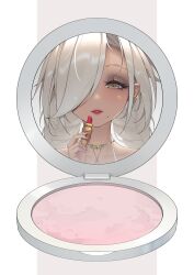 Rule 34 | 1girl, absurdres, applying makeup, azur lane, braid, chinese commentary, commentary, cosmetics, earrings, english commentary, gold, grey hair, hair over one eye, highres, holding, holding lipstick tube, jewelry, lipstick tube, long hair, makeup, mixed-language commentary, mole, mole under mouth, owari (azur lane), red lips, reflection, senyee, simple background, solo, twin braids, yellow eyes