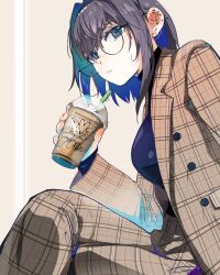 Rule 34 | 1girl, alternate costume, bespectacled, blue hair, coffee, earrings, formal, frappuccino, glasses, hair intakes, highres, hololive, hololive english, iris (tb33064667), jewelry, looking at viewer, ouro kronii, plaid, round eyewear, short hair, simple background, starbucks, suit, virtual youtuber