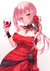 Rule 34 | 1girl, absurdres, alcohol, blush, breasts, closed mouth, commentary, cup, detached collar, dress, drinking glass, flower, hair flower, hair ornament, highres, holding, holding cup, hololive, hololive english, ijac ray, large breasts, long hair, looking at viewer, mori calliope, mori calliope (party dress), nail polish, pink hair, red dress, red eyes, red flower, red nails, red rose, rose, simple background, smile, solo, strapless, strapless dress, virtual youtuber, white background, wine, wrist cuffs