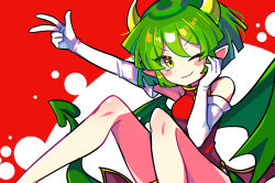 Rule 34 | 1girl, absurdres, china dress, chinese clothes, draco centauros, dragon girl, dragon horns, dragon tail, dragon wings, dress, elbow gloves, gloves, green hair, highres, horns, knees up, looking at viewer, offbeat, one eye closed, pointy ears, puyopuyo, red dress, short hair, sleeveless, sleeveless dress, solo, tail, v, white gloves, wings, yellow eyes
