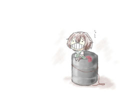 Rule 34 | 10s, 1girl, brown hair, colored pencil (medium), commentary request, cup, drum (container), goma (gomasamune), kantai collection, mutsuki (kancolle), short hair, simple background, sitting, sketch, smile, solo, traditional media, translation request