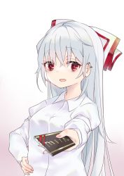 Rule 34 | 1girl, absurdres, bad id, bad pixiv id, bow, candy, candy bar, commentary request, dress shirt, earrings, food, fujiwara no mokou, hair between eyes, hair bow, hand on own hip, highres, hiiro60, incoming food, jewelry, long hair, multiple earrings, red eyes, religious offering, shirt, silver hair, solo, touhou, upper body, very long hair, white bow, white shirt