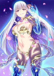 Rule 34 | 1girl, armor, bikini armor, blue background, blue fire, breasts, cleavage, collar, earrings, fate/grand order, fate (series), fire, flower, gradient background, grin, hair ribbon, jewelry, kama (fate), kama (third ascension) (fate), large breasts, long hair, looking at viewer, lotus, metal collar, navel, petals, red ribbon, ribbon, ring, silver hair, smile, solo, space, sparkle, star (sky), thighlet, thighs, yishan